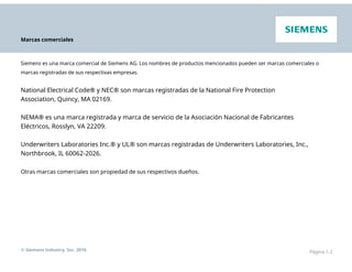 Marcas comerciales
Siemens es una marca comercial de Siemens AG. Los nombres de productos mencionados pueden ser marcas comerciales o
marcas registradas de sus respectivas empresas.
National Electrical Code® y NEC® son marcas registradas de la National Fire Protection
Association, Quincy, MA 02169.
NEMA® es una marca registrada y marca de servicio de la Asociación Nacional de Fabricantes
Eléctricos, Rosslyn, VA 22209.
Underwriters Laboratories Inc.® y UL® son marcas registradas de Underwriters Laboratories, Inc.,
Northbrook, IL 60062-2026.
Otras marcas comerciales son propiedad de sus respectivos dueños.
© Siemens Industry, Inc. 2016 Página 1-2
 