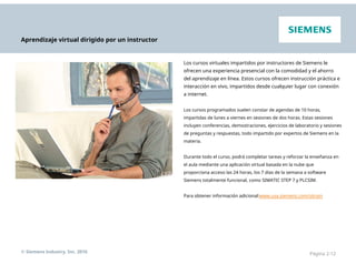 Aprendizaje virtual dirigido por un instructor
Los cursos virtuales impartidos por instructores de Siemens le
ofrecen una experiencia presencial con la comodidad y el ahorro
del aprendizaje en línea. Estos cursos ofrecen instrucción práctica e
interacción en vivo, impartidos desde cualquier lugar con conexión
a internet.
Los cursos programados suelen constar de agendas de 10 horas,
impartidas de lunes a viernes en sesiones de dos horas. Estas sesiones
incluyen conferencias, demostraciones, ejercicios de laboratorio y sesiones
de preguntas y respuestas, todo impartido por expertos de Siemens en la
materia.
Durante todo el curso, podrá completar tareas y reforzar la enseñanza en
el aula mediante una aplicación virtual basada en la nube que
proporciona acceso las 24 horas, los 7 días de la semana a software
Siemens totalmente funcional, como SIMATIC STEP 7 y PLCSIM.
Para obtener información adicional:www.usa.siemens.com/sitrain
© Siemens Industry, Inc. 2016 Página 2-12
 