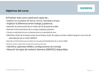 Objetivos del curso
Al finalizar este curso usted será capaz de…
• Explicar los conceptos de fuerza, inercia, velocidad y torque.
• Explicar la diferencia entre trabajo y potencia.
• Describir la construcción de un motor de CA de jaula de ardilla.
• Describir el funcionamiento de un campo magnético giratorio.
• Calcular la velocidad síncrona, el deslizamiento y la velocidad del rotor.
• Identificar el par de arranque, el par de arranque, el par de ruptura y el par a plena carga en una curva de
velocidad-par de un motor NEMA B
• Describir la información que se muestra en una placa de identificación de un motor NEMA
• Identificar factores importantes de reducción de potencia del motor
• Identificar gabinetes NEMA y configuraciones de montaje
• Resumir los tipos de motores Siemens SIMOTICS disponibles
© Siemens Industry, Inc. 2016 Página 1-4
 