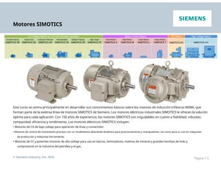 Motores SIMOTICS
Este curso se centra principalmente en desarrollar sus conocimientos básicos sobre los motores de inducción trifásicos NEMA, que
forman parte de la extensa línea de motores SIMOTICS de Siemens. Los motores eléctricos industriales SIMOTICS le ofrecen la solución
óptima para cada aplicación. Con 150 años de experiencia, los motores SIMOTICS son inigualables en cuanto a fiabilidad, robustez,
compacidad, eficiencia y rendimiento. Los motores eléctricos SIMOTICS incluyen:
• Motores de CA de bajo voltaje para operación de línea y convertidor
• Motores de control de movimiento precisos con un rendimiento altamente dinámico para posicionamiento y manipulación, así como para su uso en máquinas
de producción y máquinas herramienta.
• Motores de CC y potentes motores de alto voltaje para uso en barcos, laminadores, molinos de mineral y grandes bombas de lodo y
compresores en la industria del petróleo y el gas.
© Siemens Industry, Inc. 2016 Página 1-5
 