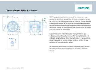 Dimensiones NEMA – Parte 1
NEMA ha estandarizado las dimensiones de los motores para una
variedad de tamaños de carcasa. Estas dimensiones incluyen el tamaño
del orificio para pernos, las dimensiones de la base de montaje, la altura,
el diámetro y la longitud del eje. El uso de dimensiones estandarizadas
permite reemplazar los motores existentes sin modificar la configuración
de montaje. Además, las nuevas instalaciones son más fáciles de diseñar
porque se conocen las dimensiones.
Las dimensiones estandarizadas incluyen letras que
indican su relación con el motor. Por ejemplo, la letra C
indica la longitud total del motor y la letra E representa la
distancia desde el centro del eje hasta el centro de los
orificios de montaje en las patas.
Las dimensiones se encuentran consultando una tabla en la hoja de datos
del motor y haciendo referencia a la letra para encontrar la dimensión
deseada.
© Siemens Industry, Inc. 2016 Página 3-31
 