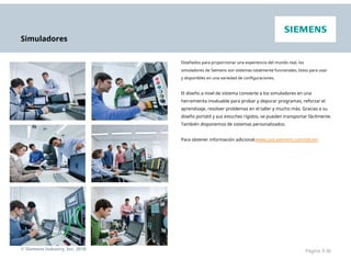 Simuladores
Diseñados para proporcionar una experiencia del mundo real, los
simuladores de Siemens son sistemas totalmente funcionales, listos para usar
y disponibles en una variedad de configuraciones.
El diseño a nivel de sistema convierte a los simuladores en una
herramienta invaluable para probar y depurar programas, reforzar el
aprendizaje, resolver problemas en el taller y mucho más. Gracias a su
diseño portátil y sus estuches rígidos, se pueden transportar fácilmente.
También disponemos de sistemas personalizados.
Para obtener información adicional:www.usa.siemens.com/sitrain
© Siemens Industry, Inc. 2016 Página 3-36
 