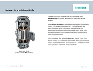 Motores de propósito definido
Para aplicaciones que requieren más de una velocidad base,
MultivelocidadLos motores se ofrecen con 1 devanado para par
variable.
Siemensservicio del inversorLos motores están clasificados para funcionamiento
continuo a una temperatura ambiente de 40 °C y a altitudes de hasta 1000
metros sobre el nivel del mar. Estos robustos motores se fabrican para
aplicaciones de accionamiento de velocidad variable de servicio pesado, como
ventiladores centrífugos, bombas, sopladores, mezcladoras, minería, fundición,
pulpa y papel, y petroquímica.
Gama completa de TEFC de SiemensVerticalLos motores P-Base son la
elección correcta para aplicaciones como bombas centrífugas, bombas de
turbina, torres de enfriamiento, mezcladores, pulpa y papel, petroquímica,
riego, agricultura y tratamiento de aguas residuales.
© Siemens Industry, Inc. 2016
Página 4-2
 