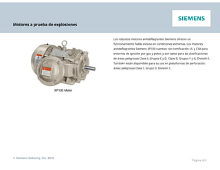 Motores a prueba de explosiones
Los robustos motores antideflagrantes Siemens ofrecen un
funcionamiento fiable incluso en condiciones extremas. Los motores
antideflagrantes Siemens XP100 cuentan con certificación UL y CSA para
entornos de ignición por gas y polvo, y son aptos para las clasificaciones
de áreas peligrosas Clase I, Grupos C y D, Clase II, Grupos F y G, División I.
También están disponibles para su uso en plataformas de perforación:
áreas peligrosas Clase I, Grupo D, División I.
© Siemens Industry, Inc. 2016
Página 4-5
 