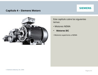 Capítulo 4 – Siemens Motors
Este capítulo cubre los siguientes
temas:
• Motores NEMA
• Motores IEC
• Motores superiores a NEMA
© Siemens Industry, Inc. 2016
Página 4-6
 