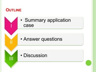 OUTLINE
I
• Summary application
case
II
• Answer questions
III
• Discussion
 