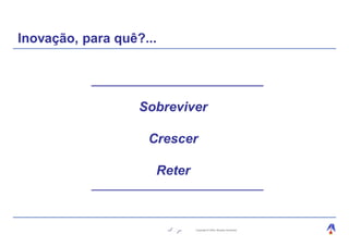 Inovação, para quê?...




                   Sobreviver

                    Crescer

                     Reter



                             Copyright © 2004, Moysés Simantob.
 