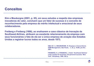 Conceitos

Kim e Mauborgne (2001, p. 85), em seus estudos a respeito das empresas
inovadoras de valor, concluem que um fator de sucesso é o conceito de
reconhecimento pela empresa do mérito intelectual e emocional de seus
colaboradores.

Freiberg e Freiberg (1998), ao analisarem o caso clássico de Inovação da
Southwest Airlines, atribuem ao excelente relacionamento da empresa com
seus funcionários o fato de ela ser a única empresa de aviação dos Estados
Unidos a registrar lucros todos os anos, desde 1973.

                                           KIM, W. C. e MAUBORGNE, R. Esqueça a Concorrência.
                                           HSM Management, São Paulo, n. 24, p. 78-86, jan./fev.
                                           2001.

                                           FREIBERG, K. e FREIBERG, J. Nuts!: Southwest Airlines’
                                           crazy recipes for business and personal success. New
                                           York : Broadway, 1998, 362 p.


                                      21         Copyright © 2004, Moysés Simantob.
 