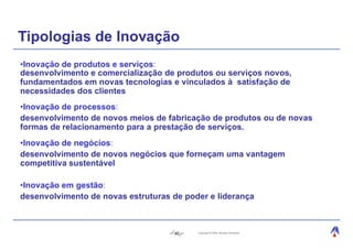 Tipologias de Inovação
•Inovação de produtos e serviços:
desenvolvimento e comercialização de produtos ou serviços novos,
fundamentados em novas tecnologias e vinculados à satisfação de
necessidades dos clientes
•Inovação de processos:
desenvolvimento de novos meios de fabricação de produtos ou de novas
formas de relacionamento para a prestação de serviços.
•Inovação de negócios:
desenvolvimento de novos negócios que forneçam uma vantagem
competitiva sustentável

•Inovação em gestão:
desenvolvimento de novas estruturas de poder e liderança



                                    40    Copyright © 2004, Moysés Simantob.
 