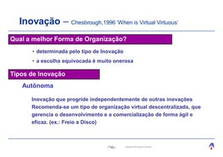 Inovação – Chesbrough,1996 ‘When is Virtual Virtuous’
Qual a melhor Forma de Organização?
      • determinada pelo tipo de Inovação
      • a escolha equivocada é muito onerosa

Tipos de Inovação
   Autônoma

      Inovação que progride independentemente de outras inovações
      Recomenda-se um tipo de organização virtual descentralizada, que
      gerencia o desenvolvimento e a comercialização de forma ágil e
      eficaz. (ex.: Freio a Disco)



                                   43       Copyright © 2004, Moysés Simantob.
 