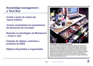 Knowledge management –
o Tech Box

Criado a partir da cultura de
‘space matters’

‘livraria centralizada de empréstimos
de elementos de inovação’

Baseado na abordagem de Montessori
– toque e veja

Coleção de objetos, materiais e
produtos da IDEO

Objetos etiquetados e organizados




                                        48   Copyright © 2004, Moysés Simantob.
 
