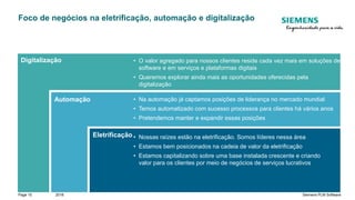 Restricted © Siemens AG 2018
2018Page 10 Siemens PLM Software
Foco de negócios na eletrificação, automação e digitalização
Digitalização • O valor agregado para nossos clientes reside cada vez mais em soluções de
software e em serviços e plataformas digitais
• Queremos explorar ainda mais as oportunidades oferecidas pela
digitalização
Automação • Na automação já captamos posições de liderança no mercado mundial
• Temos automatizado com sucesso processos para clientes há vários anos
• Pretendemos manter e expandir essas posições
Eletrificação • Nossas raízes estão na eletrificação. Somos líderes nessa área
• Estamos bem posicionados na cadeia de valor da eletrificação
• Estamos capitalizando sobre uma base instalada crescente e criando
valor para os clientes por meio de negócios de serviços lucrativos
 