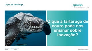 Restricted © Siemens AG 2018
2018Page 2 Siemens PLM Software
Lição da tartaruga…
O que a tartaruga de
couro pode nos
ensinar sobre
inovação?
 
