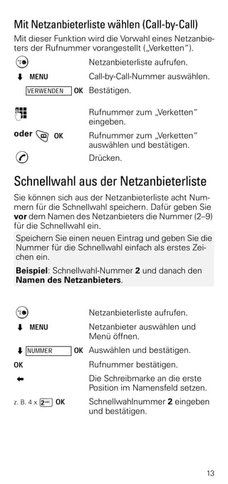 Mit Netzanbieterliste wählen (Call-by-Call)
Mit dieser Funktion wird die Vorwahl eines Netzanbie-
ters der Rufnummer vorangestellt („Verketten“).
C                   Netzanbieterliste aufrufen.
Z MENU              Call-by-Call-Nummer auswählen.
     VERWENDEN   OK Bestätigen.

o                   Rufnummer zum „Verketten“
                    eingeben.
oder   h OK         Rufnummer zum „Verketten“
                    auswählen und bestätigen.
c                   Drücken.

Schnellwahl aus der Netzanbieterliste
Sie können sich aus der Netzanbieterliste acht Num-
mern für die Schnellwahl speichern. Dafür geben Sie
vor dem Namen des Netzanbieters die Nummer (2–9)
für die Schnellwahl ein.
 Speichern Sie einen neuen Eintrag und geben Sie die
 Nummer für die Schnellwahl einfach als erstes Zei-
 chen ein.
Beispiel: Schnellwahl-Nummer 2 und danach den
Namen des Netzanbieters.


C                   Netzanbieterliste aufrufen.
Z MENU              Netzanbieter auswählen und
                    Menü öffnen.
Z NUMMER         OK Auswählen und bestätigen.
OK                  Rufnummer bestätigen.
<                   Die Schreibmarke an die erste
                    Position im Namensfeld setzen.
z. B. 4 x Ÿ OK      Schnellwahlnummer 2 eingeben
                    und bestätigen.




                                                  13
 