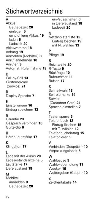 Stichwortverzeichnis
Stichwortverzeichnis
A                            ein-/ausschalten 6
Akkus                        in Lieferzustand 18
  Betriebszeit 20            Ladezeit 20
  einlegen 5
                         N
  empfohlene Akkus 19    Netzanbieterliste 12
  laden 5                 Eintrag löschen 15
  Ladezeit 20             mit N. wählen 13
Akkuwarnton 18
Anhang 19                P
Anmelden (Mobilteil) 8   Pflege 19
Anruf annehmen 10        R
Anrufen 9                Reichweite 20
Automat. Rufannahme 18   R-Taste 9
C                        Rückfrage 10
Call-by-Call 13          Rufnummer 11
Customercare             Rufton 17
(Service) 21             S
D                        Schnellwahl 13
Display-Sprache 7        Schreibmarke 14
                         Service
E                        (Customer Care) 21
Einstellungen 16         Sprache einstellen 7
Eintrag speichern 12
                         T
G                        Tastensperre 6
Garantie 23              Telefonbuch 12
Gespräch verbinden 10      Eintrag löschen 15
Gürtelclip 6               mit T. wählen 12
H                        Telefonbucheintrag 15
Hörer-Lautstärke 17      Telefonieren 9
K                        V
Klingelton 17            Verbinden (Gespräch) 10
L                        Verpackungsinhalt 5
Ladezeit der Akkus 20    W
Ladezustandsanzeige 5    Wahlpause 9
Lautstärke 17            Wahlwiederholung 11
Lieferzustand 18         Wecker 16
M                        Weitergeben (Gespr.) 10
Mobilteil                Z
 anmelden 8              Zeichentabelle 14
 Betriebszeit 20


22
 