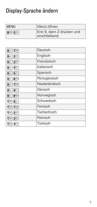 Display-Sprache ändern

MENU         Menü öffnen.
¬Ÿ           Erst 9, dann 2 drücken und
             anschließend:


Þ]           Deutsch
ÞŸ           Englisch
Þ^           Französisch
Þ¡           Italienisch
Þ¢           Spanisch
Þ£           Portugiesisch
Þ¤           Niederländisch
Þ¥           Dänisch
Þ¬           Norwegisch
]Þ           Schwedisch
]]           Finnisch
]Ÿ           Tschechisch
]^           Polnisch
]¡           Türkisch




                                          7
 