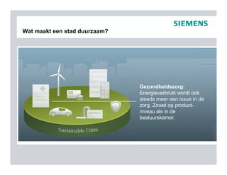 Wat maakt een stad duurzaam?




                               Gezondheidszorg:
                               Energieverbruik wordt ook
                               steeds meer een issue in de
                               zorg. Zowel op product-
                               niveau als in de
                               bestuurskamer.
 