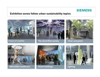 Exhibition zones follow urban sustainability topics




Future of mobility      The electrified society
                        SMART                       Clean and green
                        BUILDINGS




Affordable healthcare   Smart buildings             Lighting
                                                  Protection notice / Copyright notice
 