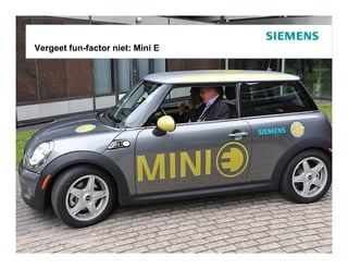 Duurzaamheid is business
Maar ook leuk… niet: Mini E
Vergeet fun-factor
 