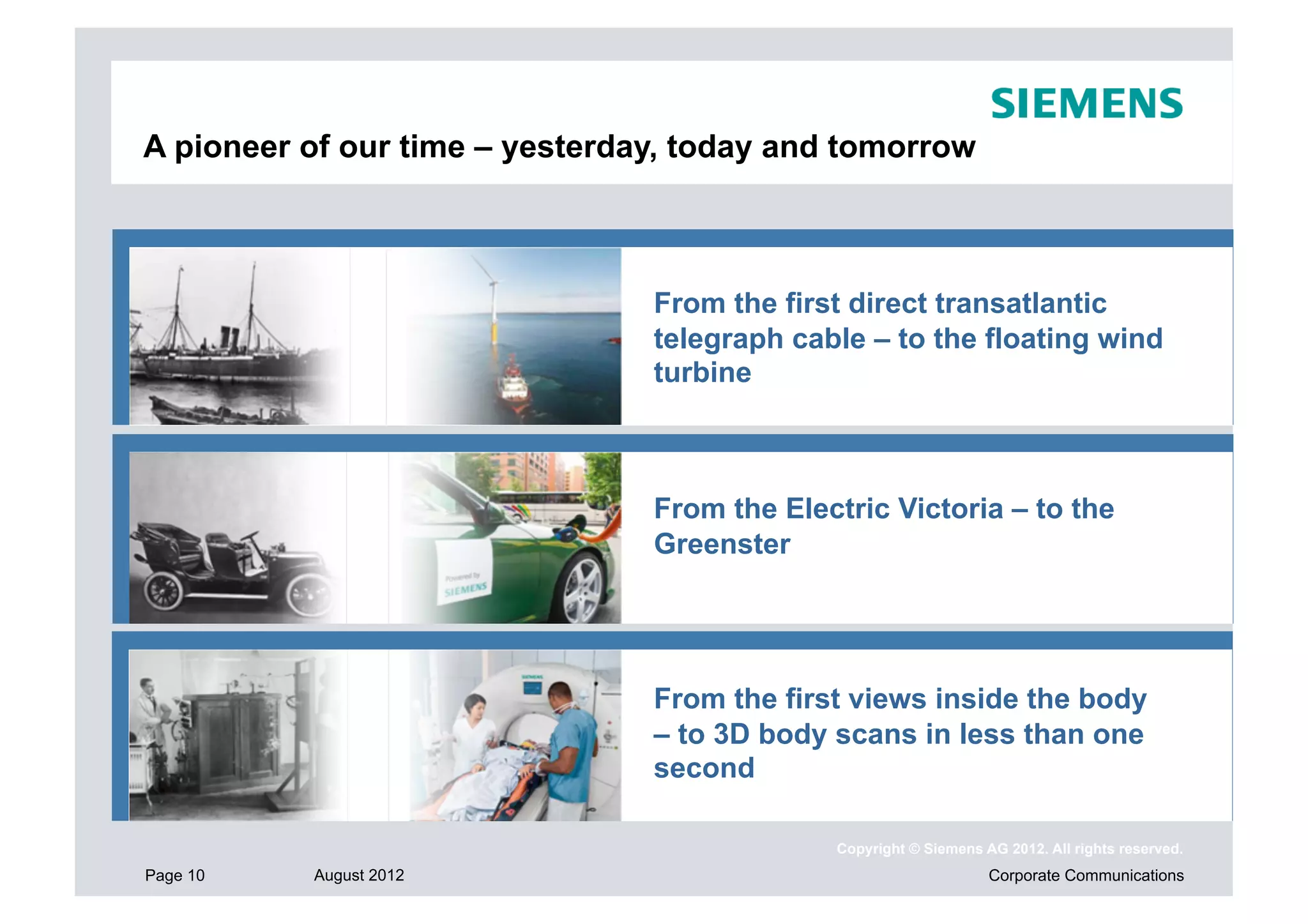 A pioneer of our time – yesterday, today and tomorrow



                                  From the first direct transatlantic
                                  telegraph cable – to the floating wind
                                  turbine



                        Vom ersten direkten Transatlantikkabel– to the
                                  From the Electric Victoria – zu
                        freischwimmenden Windanlagen
                                  Greenster




                        Vom ersten direkten Transatlantikkabel – zu body
                                  From the first views inside the
                        freischwimmenden body scans in less than one
                                  – to 3D Windanlagen
                                  second

                                                Copyright © Siemens AG 2012. All rights reserved.
Page 10   August 2012                                                Corporate Communications
 