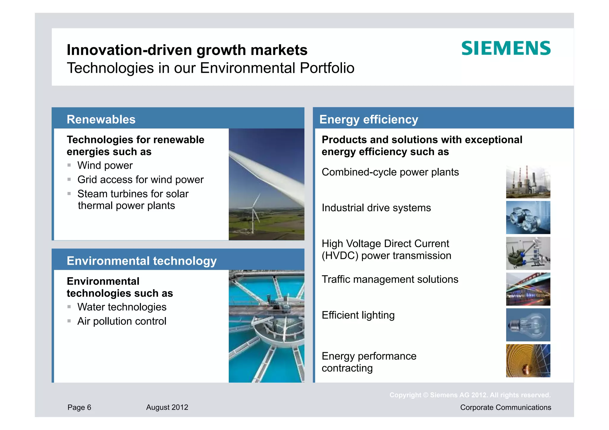 Innovation-driven growth markets
Technologies in our Environmental Portfolio


Renewables                           Energy efficiency
Technologies for renewable            Products and solutions with exceptional
energies such as                      energy efficiency such as
  Wind power
                                      Combined-cycle power plants
  Grid access for wind power
  Steam turbines for solar
   thermal power plants               Industrial drive systems


                                      High Voltage Direct Current
                                      (HVDC) power transmission
Environmental technology
Environmental                         Traffic management solutions
technologies such as
  Water technologies
                                      Efficient lighting
  Air pollution control


                                      Energy performance
                                      contracting

                                                      Copyright © Siemens AG 2012. All rights reserved.
Page 6           August 2012                                               Corporate Communications
 