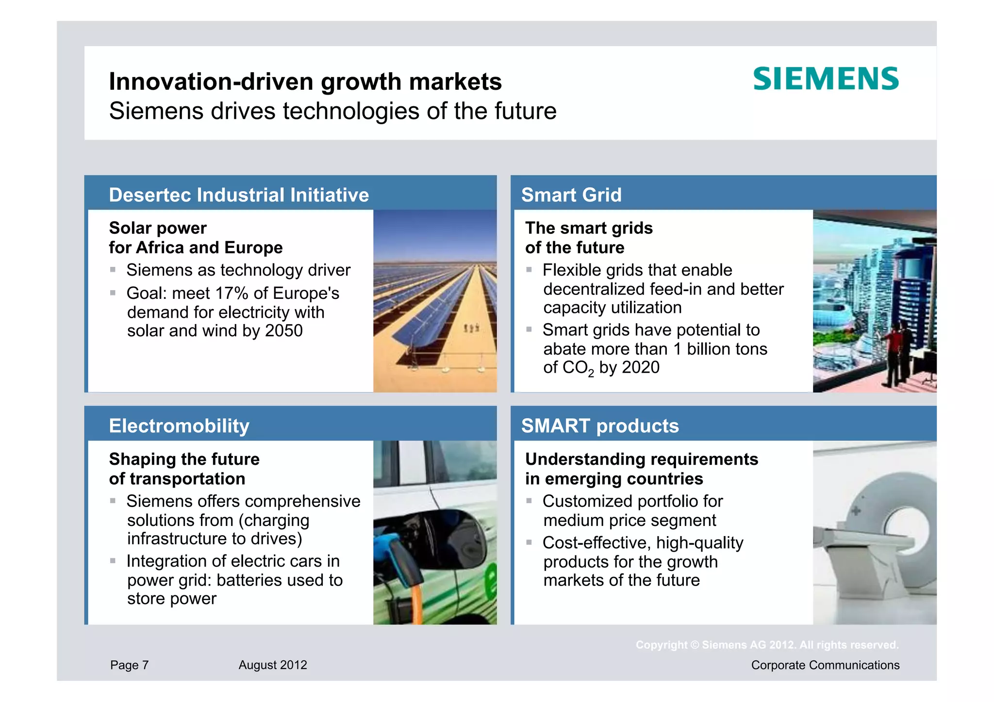 Innovation-driven growth markets
Siemens drives technologies of the future


Desertec Industrial Initiative       Smart Grid
Solar power                           The smart grids
for Africa and Europe                 of the future
  Siemens as technology driver         Flexible grids that enable
  Goal: meet 17% of Europe's            decentralized feed-in and better
   demand for electricity with           capacity utilization
   solar and wind by 2050               Smart grids have potential to
                                         abate more than 1 billion tons
                                         of CO2 by 2020


Electromobility                      SMART products
Shaping the future                    Understanding requirements
of transportation                     in emerging countries
  Siemens offers comprehensive         Customized portfolio for
   solutions from (charging              medium price segment
   infrastructure to drives)            Cost-effective, high-quality
  Integration of electric cars in       products for the growth
   power grid: batteries used to         markets of the future
   store power

                                                    Copyright © Siemens AG 2012. All rights reserved.
Page 7           August 2012                                             Corporate Communications
 