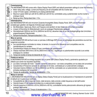 10 MICROMASTER 440, Getting Started Guide 12/02
English
Commissioning
The MICROMASTER 440 comes with a Status Display Panel (SDP) and default parameters settings to cover the following:
Ø Motor rating data; voltage, current and frequency are all compatible with the inverter data
Ø Linear V/f motor speed, controlled by an analog potentiometer
Ø Maximum speed 3000 rpm with 50 Hz (3600 rpm with 60 Hz); controllable using a potentiometer via the inverter’s
analogue inputs
Ø Ramp-up time / Ramp-down time = 10 s
Deutsch
Inbetriebnahme
Der MICROMASTER 440 wird mit einem Zustands-Anzeigefeld (Status Display Panel, SDP) und mit Parameter-
einstellungen geliefert, die folgende Anforderungen abdecken:
Ø Die Motordaten, Spannung, Strom und Frequenz sind sämtlich mit den Daten des Umrichters kompatibel
Ø Lineare U/f-Kennlinie für Motordrehzahl, durch ein analoges Potentiometer gesteuert
Ø Höchstdrehzahl 3000/min bei 50 Hz (3600/min bei 60 Hz); steuerbar über ein an die Analogeingänge des Umrichters
angeschlossenes Potentiometer
Ø Rampenhochlaufzeit / Rampenrücklaufzeit = 10 s
Français
Mise en service
Le MICROMASTER 440 est fourni avec un panneau d’affichage SDP et avec un préréglage des paramètres couvrant les
exigences suivantes :
Ø Les caractéristiques nominales du moteur, la tension, le courant et la fréquence sont compatibles avec les
caractéristiques du variateur
Ø Caractéristique linéaire de vitesse U/f avec commande par potentiomètre
Ø Vitesse maximale 3000 tr/min à 50 Hz (3600 tr/min à 60 Hz) ; regable par un potentiomètre raccordé à une entrée
analogique du variateur
Ø Temps de montée et temps de descente de 10 s
Espańol
Puesta en servico
El MICROMASTER 440 se entrega equipado con un panel SDP (Status Display Panel) y parámetros ajustados por
defecto que cubren los requisitos siguientes:
Ø Los datos nominales del motor – tensión, corriente y frecuencia – son todos compatibles con los datos del convertidor
Ø Característica V/f lineal de variación de velocidad en el motor, controlada por un potenciómetro analógico
Ø Velocidad máxima 3000/min con 50 Hz (3600/min con 60 Hz), controlable con un potenciómetro a través de las
entradas analógicas del convertidor
Ø Tiempo de aceleración / tiempo de deceleración = 10 s
Italiano
Messa in servizio
L MICROMASTER 440 è fornito con un display (Status Display Panel) per la visualizzazione e l’impostazione di parametri
di default con il quale si può verificare:
Ø Compatibilità dei dati di targa del motore, della tensione, della corrente e della frequenza ai dati dell'inverter
Ø Velocità lineare V/f del motore controllata da un potenziometro analogico
Ø Velocità massima di 3000/min a 50 Hz (3600/min a 60 Hz); controllabile tramite potenziometro attraverso gli ingressi
analogici dell'inverter
Ø Tempo di accelerazione / Tempo di decelerazione = 10 s
www.dienhathe.vn
www.dienhathe.co
 