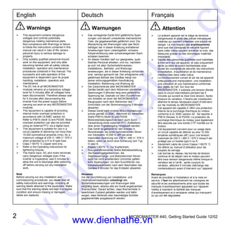 2 MICROMASTER 440, Getting Started Guide 12/02
English Deutsch Français
! Warnings
Ø This equipment contains dangerous
voltages and controls potentially
dangerous rotating mechanical parts.
Non-compliance with Warnings or failure
to follow the instructions contained in this
manual can result in loss of life, severe
personal injury or serious damage to
property.
Ø Only suitably qualified personnel should
work on this equipment, and only after
becoming familiar with all safety notices,
installation, operation and maintenance
procedures contained in this manual. The
successful and safe operation of this
equipment is dependent upon its proper
handling, installation, operation and
maintenance.
Ø The DC link of all MICROMASTER
modules remains at a hazardous voltage
level for 5 minutes after all voltages have
been disconnected. Therefore always wait
for 5 minutes after disconnecting the
inverter from the power supply before
carrying out work on any MICROMASTER
modules.
Ø This equipment is capable of providing
internal motor overload protection in
accordance with UL508C section 42.
Refer to P0610 (level 3) and P0335. Motor
overload protection can also be provided
using an external PTC via a digital input.
Ø This equipment is suitable for use in a
circuit capable of delivering not more than
10,000 symmetrical amperes (rms), for a
maximum voltage of 230 V / 460 V / 575 V
when protected by a H or K type fuse.
Ø Class 1 60/75 °C copper wire only.
Ø Refer to the Operating Instructions for
tightening torques.
Ø The mains input, DC and motor terminals
carry dangerous voltages even if the
inverter is inoperative, wait 5 minutes to
allow the unit to discharge after switching
off before carrying out any installation
work.
Note
Before carrying out any installation and
commissioning procedures, you must read all
safety instructions and warnings, including all
warning labels attached to the equipment. Make
sure that the warning labels are kept in a legible
condition and ensure missing or damaged
labels are replaced.
! Warnungen
Ø Das vorliegende Gerät führt gefährliche Span-
nungen und steuert umlaufende mechanische
Teile, die gegebenenfalls gefährlich sind. Die
Missachtung der Warnungen oder das Nicht-
befolgen der in dieser Anleitung enthaltenen
Anweisungen kann Lebensgefahr, schwere
Körperverletzung oder schwerwiegenden Sach-
schaden bewirken.
Ø An diesen Geräten darf nur geeignetes, quali-
fiziertes Personal arbeiten, und nur, nachdem
es sich mit allen Sicherheitshinweisen,
Installations-, Betriebs- und Wartungs-
anweisungen, die in dieser Anleitung vorhanden
sind, vertraut gemacht hat. Der erfolgreiche und
gefahrlose Betrieb des Gerätes hängt von
seiner ordnungsgemäßen Handhabung,
Installation, Bedienung und Wartung ab.
Ø Der Zwischenkreis aller MICROMASTER-
Geräte behält nach dem Abtrennen sämtlicher
Spannungen 5 Minuten lang eine gefährliche
Spannung bei. Deshalb vor dem Durchführen
von Arbeiten an einer der MICROMASTER-
Baugruppen nach dem Abtrennen des
Umrichters von der Stromversorgung 5 Minuten
abwarten.
Ø Dieses Gerät kann inneren Motorüberlastungs-
schutz gemäß UL508C, Abschnitt 42, herstellen.
Siehe P0610 (Stufe 3) und P0335.
Motorüberlastungsschutz kann auch durch
Verwendung eines externen PTC (Kaltleiters)
über einen Digitaleingang hergestellt werden.
Ø Das Gerät ist geeignet für den Einsatz in
Stromkreisen, die einen symmetrischen Strom
von höchstens 10.000 A (eff) bei einer
maximalen Spannung von 230 V / 460 V / 575 V
liefern, wenn es durch eine Sicherung vom Typ
H oder K.
Ø Klasse 1 60/75 °C, nur Kupferdraht.
Ø Anzugsdrehmomente: Siehe Betriebsanleitung.
Ø Die Netzeingangsklemmen, die
Gleichspannungs- und Motorklemmen führen
auch bei nicht arbeitendem Umrichter gefähr-
liche Spannungen; vor dem Durchführen von
Installationsarbeiten nach dem Abschalten des
Gerätes 5 Minuten für das Entladen abwarten.
Hinweise
Vor der Durchführung von Installations- und
Inbetriebnahmearbeiten unbedingt alle
Sicherheitsanweisungen und Warnungen bitte
sorgfältig lesen, ebenso alle am Gerät angebrachten
Warnschilder. Darauf achten, dass Warnschilder in
leserlichem Zustand gehalten werden und dafür
sorgen, dass fehlende oder beschädigte Schilder
gegebenenfalls ausgetauscht werden.
! Attention
Ø Le présent appareil est le siège de tensions
dangereuses et pilote des pièces mécaniques
rotatives qui peuvent présenter une source de
danger. Le non-respect des avertissements
ainsi que des consignes de sécurité figurant
dans cette notice peuvent entraîner la mort, des
blessures graves ou des dommages matériels
importants.
Ø Seules des personnes qualifiées sont habilitées
à intervenir sur cet appareil, et cela uniquement
après qu’elles se soient familiarisées avec
toutes les consignes de sécurité, les instructions
d’installation, d’exploitation et de maintenance
mentionnées dans cette notice.
Ø Le fonctionnement correct et sûr de cet appareil
présuppose une manipulation, une installation,
une utilisation et une maintenance conformes
aux règles de l’art. Sur tous les
MICROMASTER, il subsiste une tension élevée
dans le circuit intermédiaire pendant les 5
minutes qui suivent la mise hors tension. Après
coupure du variateur, il faudra par conséquent
attendre le temps nécessaire avant d’intervenir
sur les modules du MICROMASTER.
Ø Cet appareil est capable d ‘offrir une protection
interne de la surcharge thermique du moteur
conforme à UL 508C section 42 . Se reporter à
P0610 (Niveau 3) et P0335. La protection de
surcharge thermique du moteur peut également
être assurée par une sonde CTP montée sur le
moteur.
Ø Cet équipement convient pour un usage dans
un circuit capable de délivrer au plus 10 000
ampères symétriques (eff.) pour une tension
maximale de 230 V / 460 V / 575 V lorsqu'il est
protégé par un fusible type H ou K.
Ø Seulement cable de cuivre Classe 1 60/75 °C
Ø Se référer au manuel d’utilisation pour les
couples de serrage
Ø Les bornes du réseau, les bornes de tension
continue et de départ vers le moteur peuvent
être sous tension dangereuse même lorsque le
variateur est à l’arrêt ; après coupure du
variateur, attendre 5 minutes (décharge des
condensateurs) avant d’intervenir sur l’appareil.
Remarques
Avant de procéder à l’installation et à la mise en
service, il faut lire attentivement les consignes de
sécurité et les avertissements ainsi que toutes les
marques d’avertissement apposées sur l’appareil.
Veillez à maintenir la lisibilité des marques
d’avertissement et à remplacer celles qui manquent
ou qui ont été dégradées.
www.dienhathe.vn
www.dienhathe.co
 