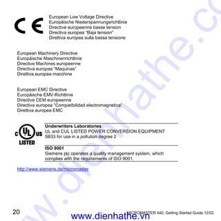 20 MICROMASTER 440, Getting Started Guide 12/02
European Low Voltage Directive
Europäische Niederspannungsrichtlinie
Directive europeenne basse tension
Directiva europea “Baja tension”
Direttiva europea sulla bassa tensione
European Machinery Directive
Europäische Maschinenrichtlinie
Directive Machines europeenne
Directiva europea “Maquinas”
Direttiva europea macchine
European EMC Directive
Europäische EMV-Richtlinie
Directive CEM europeenne
Directiva europea “Compatibilidad electromagnetica”
Direttiva europea EMC
Underwriters Laboratories
UL and CUL LISTED POWER CONVERSION EQUIPMENT
5B33 for use in a pollution degree 2
ISO 9001
Siemens plc operates a quality management system, which
complies with the requirements of ISO 9001.
http://www.siemens.de/micromaster
www.dienhathe.vn
www.dienhathe.co
 