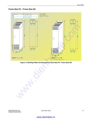 Issue 08/03
MICROMASTER 440
6SE6400-5GA00-0BP0
Quick Start Guide 13
Frame Size FX – Frame Size GX
Figure 1-3 Drilling Pattern & Dimensions Frame Size FX - Frame Size GX
www.dienhathe.vn
www.dienhathe.com
 