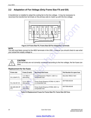 Issue 08/03
20 Quick Start Guide MICROMASTER 440
6SE6400-5GA00-0BP0
2.2 Adaptation of Fan Voltage (Only Frame Size FX and GX)
A transformer is installed to adapt the cooling fan to the line voltage. It may be necessary to
reconnect the transformer terminals on the primary side to match up with the line voltage.
Figure 2-4 Frame Size FX, Frame Size GX Fan Adaptation Terminals
NOTE
You will most likely connect to the 480V terminals in the USA – however you should check to see what
your actual line supply voltage is.
CAUTION
If the terminals are not correctly connected according to the line voltage, the fan fuses can
blow.
Replacement for fan fuses
Frame size Fuses (2 each) Recommended fuses Part Number for spare fuse
FX (125HP CT)
1 A / 600 V /
slow-acting
Cooper-Bussmann FNQ-R-1, 600 V or
comparable fuse
6SL3352-7BE32-1AA1
FX (150 HP CT)
2,5 A / 600 V /
slow-acting
Ferraz Gould Shawmut ATDR2-1/2, 600 V
or comparable fuse
6SY7000-0AC46
GX (200-300 HP
CT)
4 A / 600 V /
slow-acting
Ferraz Gould Shawmut ATDR4, 600 V or
comparable fuse
6SY7000-0AC48
Table 2-5 Replacement Fuses for Frame Size FX, Frame Size GX Fans
www.dienhathe.vn
www.dienhathe.com
 