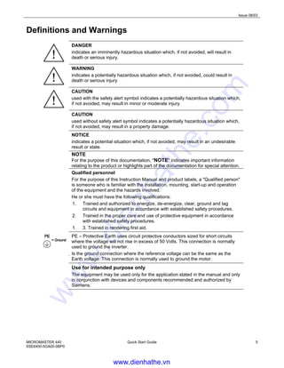 Issue 08/03
MICROMASTER 440
6SE6400-5GA00-0BP0
Quick Start Guide 5
Definitions and Warnings
DANGER
indicates an imminently hazardous situation which, if not avoided, will result in
death or serious injury.
WARNING
indicates a potentially hazardous situation which, if not avoided, could result in
death or serious injury
CAUTION
used with the safety alert symbol indicates a potentially hazardous situation which,
if not avoided, may result in minor or moderate injury.
CAUTION
used without safety alert symbol indicates a potentially hazardous situation which,
if not avoided, may result in a property damage.
NOTICE
indicates a potential situation which, if not avoided, may result in an undesirable
result or state.
NOTE
For the purpose of this documentation, "NOTE" indicates important information
relating to the product or highlights part of the documentation for special attention.
Qualified personnel
For the purpose of this Instruction Manual and product labels, a "Qualified person"
is someone who is familiar with the installation, mounting, start-up and operation
of the equipment and the hazards involved.
He or she must have the following qualifications:
1. Trained and authorized to energize, de-energize, clear, ground and tag
circuits and equipment in accordance with established safety procedures.
2. Trained in the proper care and use of protective equipment in accordance
with established safety procedures.
1. 3. Trained in rendering first aid.
PE – Protective Earth uses circuit protective conductors sized for short circuits
where the voltage will not rise in excess of 50 Volts. This connection is normally
used to ground the inverter.
Is the ground connection where the reference voltage can be the same as the
Earth voltage. This connection is normally used to ground the motor.
Use for intended purpose only
The equipment may be used only for the application stated in the manual and only
in conjunction with devices and components recommended and authorized by
Siemens.
www.dienhathe.vn
www.dienhathe.com
 