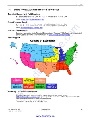 Issue 08/03
MICROMASTER 440
6SE6400-5GA00-0BP0
Quick Start Guide 67
6.3 Where to Get Additional Technical Information
Technical Support and Field Services
Tel: 1-800-333-7421 (Inside USA, Toll Free) / 1-423-262-2522 (Outside USA)
Email: simatic.support@sea.siemens.com
Spare Parts and Repair
Tel 1-800-241-4453 (Inside USA, Toll Free) / 1-770-740-3505 (Outside USA)
Email: isd.callcenter@sea.siemens.com
Internet Home Address
Customers can access FAQs, Technical Documentation, Windows ™® Software e.g. DriveMonitor /
Starter Updates and other general information at: www.siemens.com/micromaster
Sales Support
Cypress
877-548-0920 (P)
714-527-7406 (F)
Atlanta
800-207-7186 (P)
770-453-3454 (F)
Houston
800-879-6891 (P)
713-690-1210 (F)
Indianapolis
800-338-2144 (P)
317-616-4801 (F)
Philadelphia
800-388-8067 (P)
215-283-9902 (F)
Chicago
800-333-7732 (P)
847-310-4298 (F)
Denver
800-955-7072 (P)
303-694-3622 (F)
Centers of Excellence
RI
CT
MT
WY
CO KS MO
AR
LATX
OK
NMAZ
UT
NV
CA
ID
OR
WA
ND
SD
NE
IA
MN
WI
IL
MI
KY
IN
OH
NY
PA NJ
MD
WV
VA
ME
NH
VT
MA
DE
DC
NC
SC
TN
GA
MI
FL
AL
MS
AK
HI
Marketing / Documentation Support
Should any questions or problems arise regarding this manual, please contact
GPD-marketing@sea.siemens.com - please quote the Issue Number from the document and the
page number/section that you have a question about.
Alternatively you can fax us on 1-678-297-7259
www.dienhathe.vn
www.dienhathe.com
 