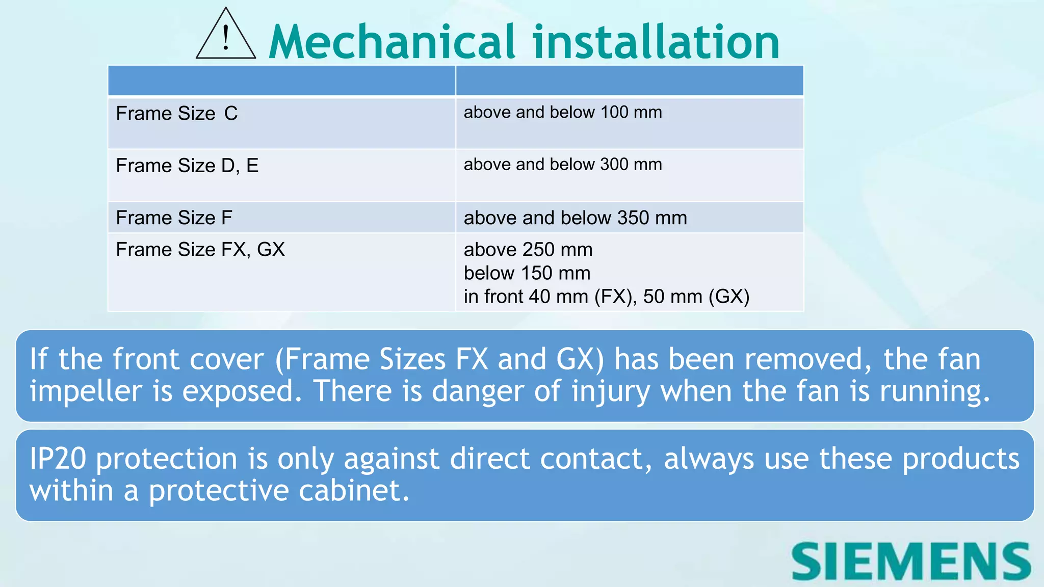 Mechanical installation
If the front cover (Frame Sizes FX and GX) has been removed, the fan
impeller is exposed. There is danger of injury when the fan is running.
IP20 protection is only against direct contact, always use these products
within a protective cabinet.
Frame Size C above and below 100 mm
Frame Size D, E above and below 300 mm
Frame Size F above and below 350 mm
Frame Size FX, GX above 250 mm
below 150 mm
in front 40 mm (FX), 50 mm (GX)
 
