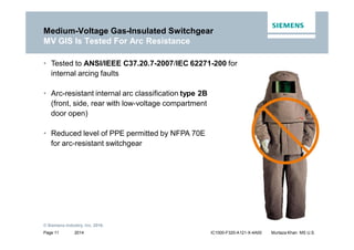 2014
© Siemens Industry, Inc. 2016.
Page 11 IC1000-F320-A121-X-4A00 Murtaza Khan MS U.S.
• Tested to ANSI/IEEE C37.20.7-2007/IEC 62271-200 for
internal arcing faults
• Arc-resistant internal arc classification type 2B
(front, side, rear with low-voltage compartment
door open)
• Reduced level of PPE permitted by NFPA 70E
for arc-resistant switchgear
Medium-Voltage Gas-Insulated Switchgear
MV GIS Is Tested For Arc Resistance
 