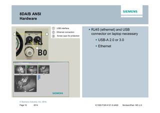 2014
© Siemens Industry, Inc. 2016.
Page 19 IC1000-F320-A121-X-4A00 Murtaza Khan MS U.S.
8DA/B ANSI
Hardware
ƒ RJ45 (ethernet) and USB
connector on laptop necessary
ƒ USB-A 2.0 or 3.0
ƒ Ethernet
Ethernet connection
USB interface
Screw caps for protection
1
3
2
 
