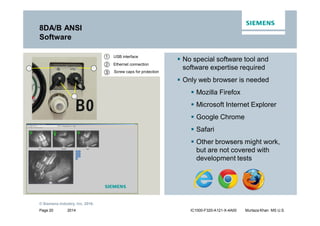2014
© Siemens Industry, Inc. 2016.
Page 20 IC1000-F320-A121-X-4A00 Murtaza Khan MS U.S.
8DA/B ANSI
Software
ƒ No special software tool and
software expertise required
ƒ Only web browser is needed
ƒ Mozilla Firefox
ƒ Microsoft Internet Explorer
ƒ Google Chrome
ƒ Safari
ƒ Other browsers might work,
but are not covered with
development tests
Ethernet connection
USB interface
Screw caps for protection
12
3
 