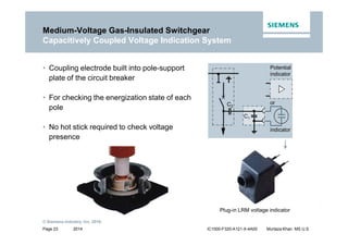 2014
© Siemens Industry, Inc. 2016.
Page 23 IC1000-F320-A121-X-4A00 Murtaza Khan MS U.S.
Capacitively Coupled Voltage Indication System
C2
C1
Potential
indicator
or
indicator
Medium-Voltage Gas-Insulated Switchgear
Capacitively Coupled Voltage Indication System
• Coupling electrode built into pole-support
plate of the circuit breaker
• For checking the energization state of each
pole
• No hot stick required to check voltage
presence
Plug-in LRM voltage indicator
 