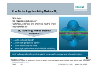 2014
© Siemens Industry, Inc. 2016.
Page 3 IC1000-F320-A121-X-4A00 Murtaza Khan MS U.S.
• Non toxic
• No hazardous substance 1)
• Colorless, odorless and chemical neutral (inert)
• Heavier then air
1) acc. regulation on chemicals.
Labeling of hazardous substances acc. regulation (EG) Nr. 1272/2008 (CLP-regulation) : GHS04 (class: gases under pressure, compressed, liquefied, deep-frozen liquefied, dissolved gases)
• ... with compact design
• ... with high personnel safety
• ... with minimized fire load
• ... with high operational availability & reliability
Until today no climate-neutral gas is known with comparable characteristics
Core Technology: Insulating Medium SF6
SF6 technology enables electrical
equipment ...
stern2_1140_1400.mpg
 
