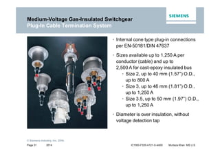 2014
© Siemens Industry, Inc. 2016.
Page 31 IC1000-F320-A121-X-4A00 Murtaza Khan MS U.S.
• Internal cone type plug-in connections
per EN-50181/DIN 47637
• Sizes available up to 1,250 A per
conductor (cable) and up to
2,500 A for cast-epoxy insulated bus
• Size 2, up to 40 mm (1.57”) O.D.,
up to 800 A
• Size 3, up to 46 mm (1.81”) O.D.,
up to 1,250 A
• Size 3.5, up to 50 mm (1.97”) O.D.,
up to 1,250 A
• Diameter is over insulation, without
voltage detection tap
Medium-Voltage Gas-Insulated Switchgear
Plug-In Cable Termination System
 