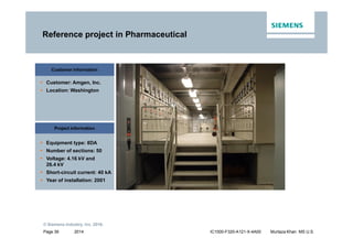 2014
© Siemens Industry, Inc. 2016.
Page 39 IC1000-F320-A121-X-4A00 Murtaza Khan MS U.S.
Reference project in Pharmaceutical
Customer information
ƒ Customer: Amgen, Inc.
ƒ Location: Washington
Project information
ƒ Equipment type: 8DA
ƒ Number of sections: 50
ƒ Voltage: 4.16 kV and
26.4 kV
ƒ Short-circuit current: 40 kA
ƒ Year of installation: 2001
 