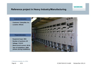 2014
© Siemens Industry, Inc. 2016.
Page 40 IC1000-F320-A121-X-4A00 Murtaza Khan MS U.S.
Reference project in Heavy Industry/Manufacturing
Customer information
ƒ Customer: Caterpillar, Inc.
ƒ Location: Illinois
Project information
ƒ Equipment type: 8DA
ƒ Number of sections: 40
ƒ Voltage: 13.8 kV
ƒ Short-circuit current: 40 kA
ƒ Year of installation: 2008
(shown during installation)
 