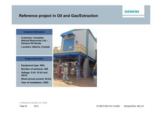 2014
© Siemens Industry, Inc. 2016.
Page 43 IC1000-F320-A121-X-4A00 Murtaza Khan MS U.S.
Reference project in Oil and Gas/Extraction
Customer information
ƒ Customer: Canadian
Natural Resources Ltd. -
Horizon Oil Sands
ƒ Location: Alberta, Canada
Project information
ƒ Equipment type: 8DA
ƒ Number of sections: 265
ƒ Voltage: 5 kV, 15 kV and
38 kV
ƒ Short-circuit current: 40 kA
ƒ Year of installation: 2005
 