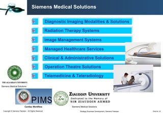 Siemens Medical Solutions Diagnostic Imaging Modalities & Solutions Radiation Therapy Systems Image Management Systems  Managed Healthcare Services Clinical & Administrative Solutions Operation Theatre Solutions Telemedicine & Teleradiology Siemens Medical Solutions Siemens Medical Solutions Cardiac Workflow 