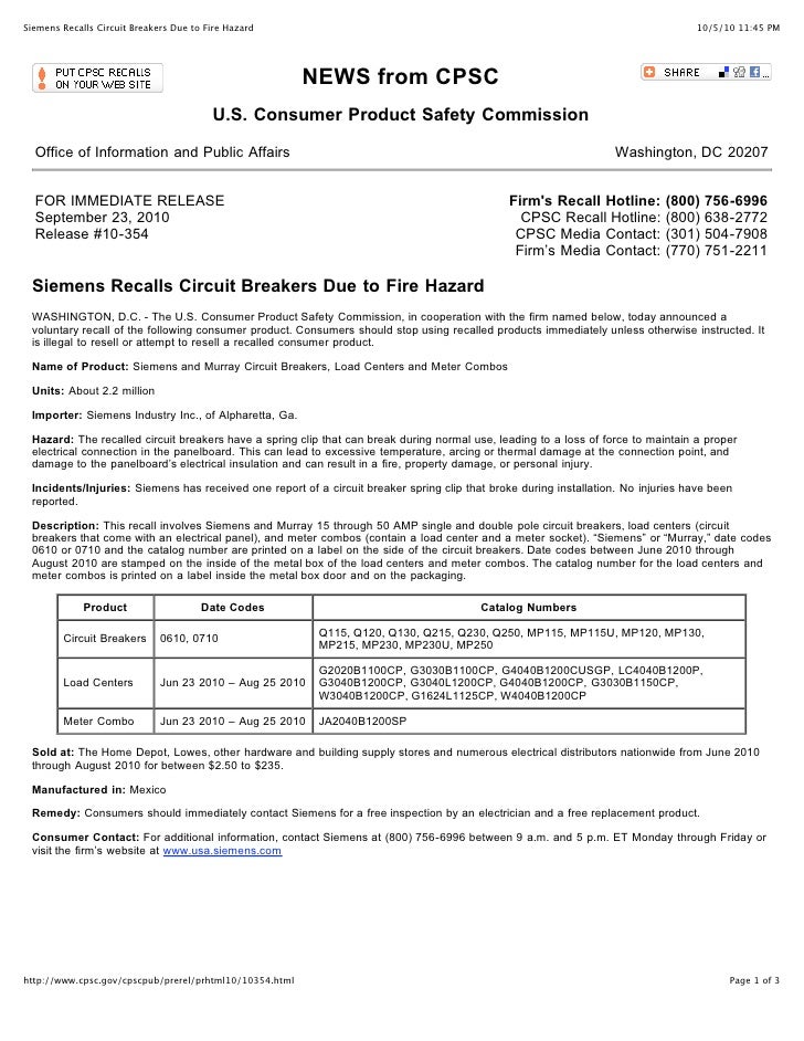 Siemens recalls circuit breakers due to fire hazard
