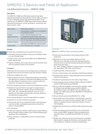 Description
The SIPROTEC 7SD86 line differential protection has been
designed specifically for the protection of lines. With its modular
structure, flexibility and the high-performance DIGSI 5 engi-
neering tool, the SIPROTEC 7SD86 device offers future-oriented
solutions for protection, control, automation, monitoring, and
Power Quality – Basic.
Main function Differential protection
Interoperability of SIPROTEC 4 and SIPROTEC 5
line protection devices
Tripping 3-pole, minimum tripping time: 9 ms
Inputs and outputs 12 predefined standard variants with 4/4 or
8/8 current transformers/voltage transformers,
5 to 31 binary inputs, 8 to 46 binary outputs
Hardware flexibility Flexibly adjustable I/O quantity structure within
the scope of the SIPROTEC 5 modular system
Housing width 1/3 × 19 inches to 2/1 × 19 inches
Benefits
• Safety due to high-performance protection functions
• Purposeful and easy handling of devices and software thanks
to a user-friendly design
• Cybersecurity in accordance with NERC CIP and BDEW White-
paper requirements
• Highest availability even under extreme environmental condi-
tions by standard coating of the modules
Functions
DIGSI 5 permits all functions to be configured and combined as
required and as per the functional scope that has been ordered.
• Minimum tripping time: 9 ms
• Main protection function is differential protection with adap-
tive algorithm for maximum sensitivity and stability even with
the most different transformer errors, current-transformer
saturation, and capacitive charging currents
• Directional backup protection and various additional functions
• Detection of ground faults of any type in compensated or
isolated electrical power systems using the following func-
tions: 3I0>, V0>, transient ground fault, cos φ, sin φ, dir.
detection of intermittent ground faults, harmonic detection,
and admittance measurement
• Ground-fault detection using the pulse detection method
• Detection of current-transformer saturation
• Fault locator plus for accurate fault location with inhomoge-
nous line sections and targeted automatic overhead-line
section reclosing (AREC)
• Arc protection
• Automatic frequency relief for underfrequency load shedding,
taking changed infeed conditions due to decentralized power
generation into consideration
• Power protection, configurable as active or reactive-power
protection
• Directional reactive-power undervoltage protection (QU
protection)
• Detection of current and voltage signals up to the
50th harmonic with high accuracy for selected protection
functions (such as thermal overload protection) and opera-
tional measured values
PQ – Basic: Voltage unbalance; voltage changes: overvoltage,
dip, interruption; TDD, THD, and harmonics
• 3-pole automatic reclosing function
• Control, synchrocheck, and switchgear interlocking protection
• Graphical logic editor to create high-performance automation
functions in the device
• Single-line representation in the small or large display
• Fixed integrated electrical Ethernet RJ45 interface for DIGSI 5
and IEC 61850 (reporting and GOOSE)
• Up to 4 optional, pluggable communication modules, usable
for different and redundant protocols (IEC 61850-8-1,
IEC 61850-9-2 Client, IEC 60870-5-103, IEC 60870-5-104,
Modbus TCP, DNP3 serial and TCP, PROFINET IO, PROFINET IO
S2 redundancy)
• Virtual network partitioning (IEEE 802.1Q - VLAN)
• Serial protection communication via optical fibers, two-wire
connections, and communication networks (IEEE C37.94 and
others), including automatic switchover between ring and
chain topology.
• Reliable data transmission via PRP and HSR redundancy proto-
cols
• Extensive cybersecurity functionality, such as role-based
access control (RBAC), logging of security-related events,
signed firmware, or authenticated IEEE 802.1X network
access
• Simple, fast, and secure access to the device via a standard
Web browser to display all information and diagnostic data,
vector diagrams, single-line and device display pages
[SIP5_GD_SS_W3, 2, --_--]
Figure 2.7/3 SIPROTEC 5 Device with Expansion Module
SIPROTEC 5 Devices and Fields of Application
Line Differential Protection – SIPROTEC 7SD86
124 SIPROTEC 5 Device Series ⋅ Protection, Control, Automation, Monitoring, and Power Quality – Basic ⋅ Catalog – Edition 7
2.7
 