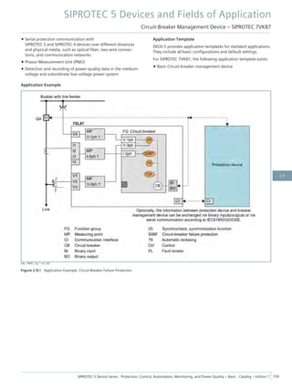 • Serial protection communication with
SIPROTEC 5 and SIPROTEC 4 devices over different distances
and physical media, such as optical fiber, two-wire connec-
tions, and communication networks
• Phasor Measurement Unit (PMU)
• Detection and recording of power-quality data in the medium-
voltage and subordinate low-voltage power system
Application Template
DIGSI 5 provides application templates for standard applications.
They include all basic configurations and default settings.
For SIPROTEC 7VK87, the following application template exists:
• Basic Circuit-breaker management device
Application Example
[dw_7VK87_Ltg, 1, en_US]
Figure 2.9/2 Application Example: Circuit-Breaker Failure Protection
SIPROTEC 5 Devices and Fields of Application
Circuit-Breaker Management Device – SIPROTEC 7VK87
SIPROTEC 5 Device Series ⋅ Protection, Control, Automation, Monitoring, and Power Quality – Basic ⋅ Catalog – Edition 7 159
2.9
 