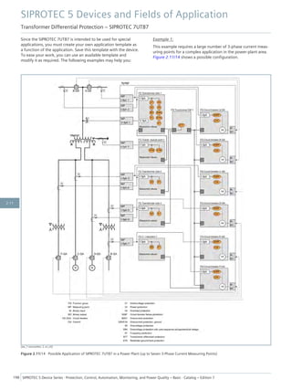Since the SIPROTEC 7UT87 is intended to be used for special
applications, you must create your own application template as
a function of the application. Save this template with the device.
To ease your work, you can use an available template and
modify it as required. The following examples may help you:
Example 1:
This example requires a large number of 3-phase current meas-
uring points for a complex application in the power-plant area.
Figure 2.11/14 shows a possible configuration.
[dw_7-messstellen, 2, en_US]
Figure 2.11/14 Possible Application of SIPROTEC 7UT87 in a Power Plant (up to Seven 3-Phase Current Measuring Points)
SIPROTEC 5 Devices and Fields of Application
Transformer Differential Protection – SIPROTEC 7UT87
198 SIPROTEC 5 Device Series ⋅ Protection, Control, Automation, Monitoring, and Power Quality – Basic ⋅ Catalog – Edition 7
2.11
 