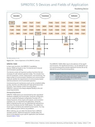 [dw_7VE85_anwendung, 2, en_US]
Figure 2.14/1 Fields of Application of the SIPROTEC 5 Devices
SIPROTEC 7VE85
In their main functions, the SIPROTEC 5 paralleling
devices 7VE85 are based on the 1.5-channel and 2-channel
synchronization paralleling.
The devices contain all important auxiliary functions that are
necessary for safe network operation today. This includes func-
tions for protection, control, measurement, and monitoring. The
large number of communication interfaces and communication
protocols satisfies the requirements of communication-based
selective protection and of automated operation.
Commissioning and maintenance work can be completed safely,
quickly, and thus cost-effectively with high-performance test
functions. Their modular surface mounting allows
SIPROTEC 5 devices to be always adapted flexibly to the indi-
vidual requirements.
Distinguishing features
SIPROTEC 7VE85 device are characterized by their specialized
hardware scalability and functionality. Using the configurator,
you can create the hardware configuration (number of V, I
measuring points, binary inputs and outputs, communication
interfaces, etc.) as required by the application. Using the
DIGSI 5 engineering tool, you can download the required func-
tions from the library into the 7VE85 device. The usable func-
tional scope is limited by the ordered function points. You may
order additional points without any problems.
When ordering, you can select the devices from 2 different
standard variants. Additional expansion modules allow the
device to be adapted to your specific application (see Standard
VariantsTable 2.14/2).
The SIPROTEC 7VE85 differs due to the selection of the signifi-
cant functions. The significant function L can be selected for up
to 4 synchronizing points and the significant function M can be
selected for up to 8 synchronizing points.
Significant Features
7VE85 Flexible configuration of the hardware quantity structure for
analog inputs, binary inputs and outputs, measuring trans-
ducers, and communication due to expandability
with 1/6 expansion modules
SIPROTEC 5 Devices and Fields of Application
Paralleling Device
SIPROTEC 5 Device Series ⋅ Protection, Control, Automation, Monitoring, and Power Quality – Basic ⋅ Catalog – Edition 7 233
2.14
 