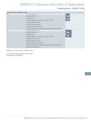 Standard Variants for SIPROTEC 7VE85
AF1 1/3, 7 BI, 14 BO, 4 V, 4 I,
Housing width 1/3 x 19"
7 binary inputs
14 binary outputs (1 life contact, 2 standard, 11 fast)
4 voltage-transformer inputs
3 current-transformer inputs
1 sensitive ground-current input
Contains the following modules: base module with PS201 and IO208
AF2 1/2, 15 BI, 20 BO, 8 V, 8 I,
Housing width 1/2 x 19"
15 binary inputs
20 binary outputs (1 life contact, 2 standard, 17 fast)
8 voltage-transformer inputs
6 current-transformer inputs
2 sensitive ground-current inputs
Contains the following modules:base module with PS201 and IO208
Expansion module IO202
Table 2.14/2 Standard Variants for SIPROTEC 7VE85
You can find the technical data in the manual
www.siemens.com/siprotec.
SIPROTEC 5 Devices and Fields of Application
Paralleling Device – SIPROTEC 7VE85
SIPROTEC 5 Device Series ⋅ Protection, Control, Automation, Monitoring, and Power Quality – Basic ⋅ Catalog – Edition 7 245
2.14
 